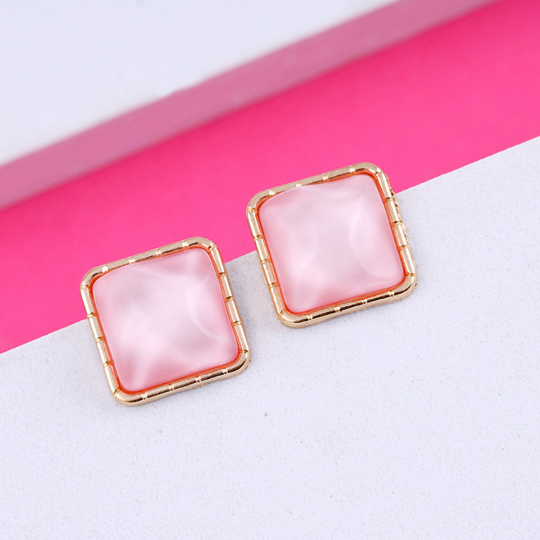 Gold Plated Light Pink Square Earrings