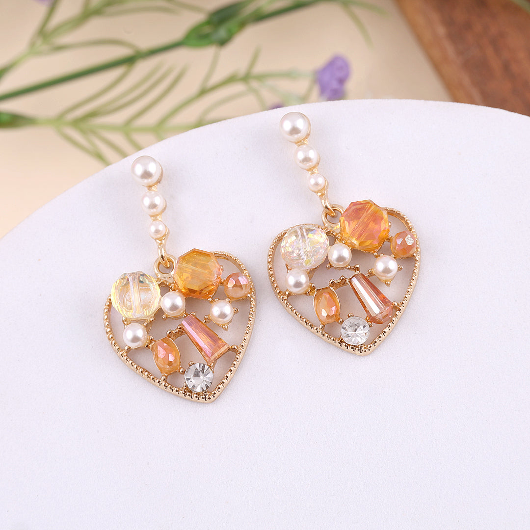 Orange Rhinestone Heart Drop Earrings