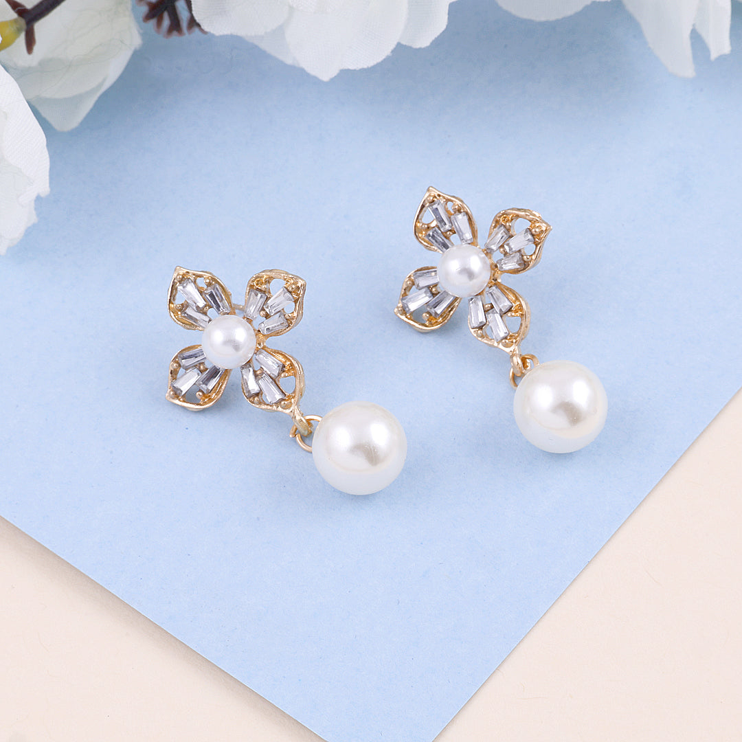 Rhinestone Flower Pearl Drop Earrings