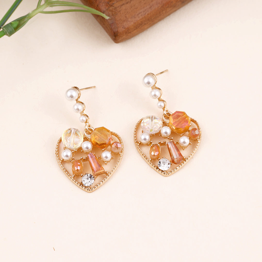 Orange Rhinestone Heart Drop Earrings