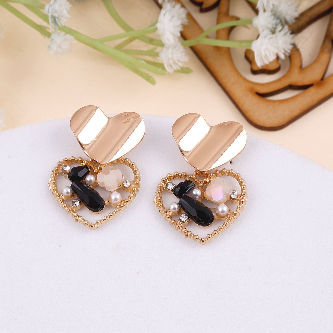 Black Rhinestone Heart Drop Earrings